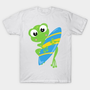 Cute Frog, Little Frog, Green Frog, Surfing Board T-Shirt